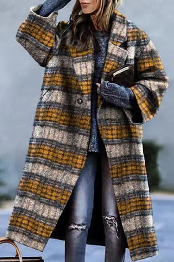 Woochic veste pour femmes col revers en tweed à carreaux jaune-brun S